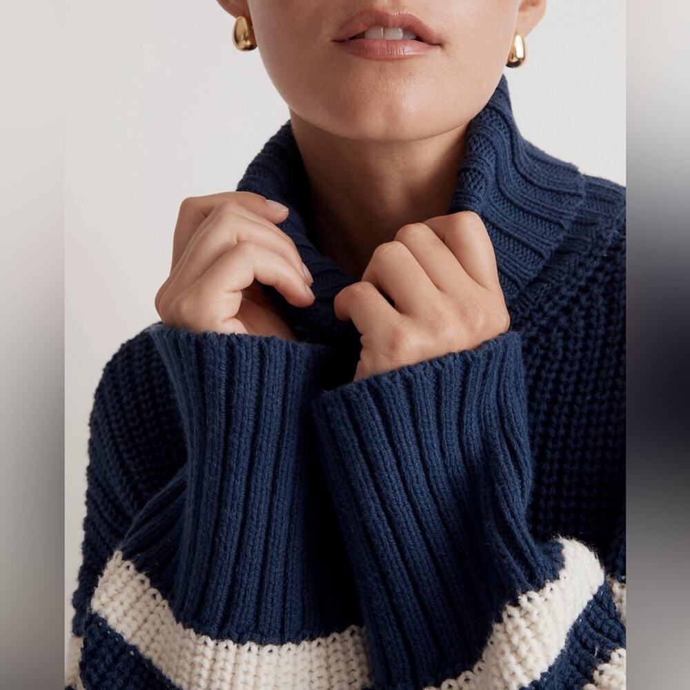 Madewell Wide Rib Turtleneck Sweater Navy and White Striped Women’s size XXS - Picture 9 of 11